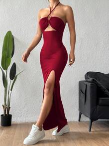 SHEIN PETITE Halter Neck Criss-Cross Backless Hollow Out Slit Dress, Sexy Burgundy Maxi Women Outfit