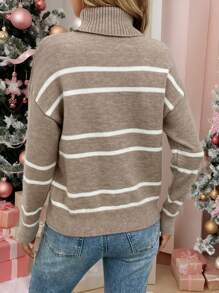 SHEIN LUNE Pink Christmas Women Clothes  Women High Neck Striped Warm Pullover Sweater, Winter - Khaki - View 6