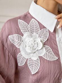 Seusyu Cămașă lejeră casual cu mânecă lungă cu decor floral 3D pentru femei, toamnă - Roz praf - Vizualizare 2
