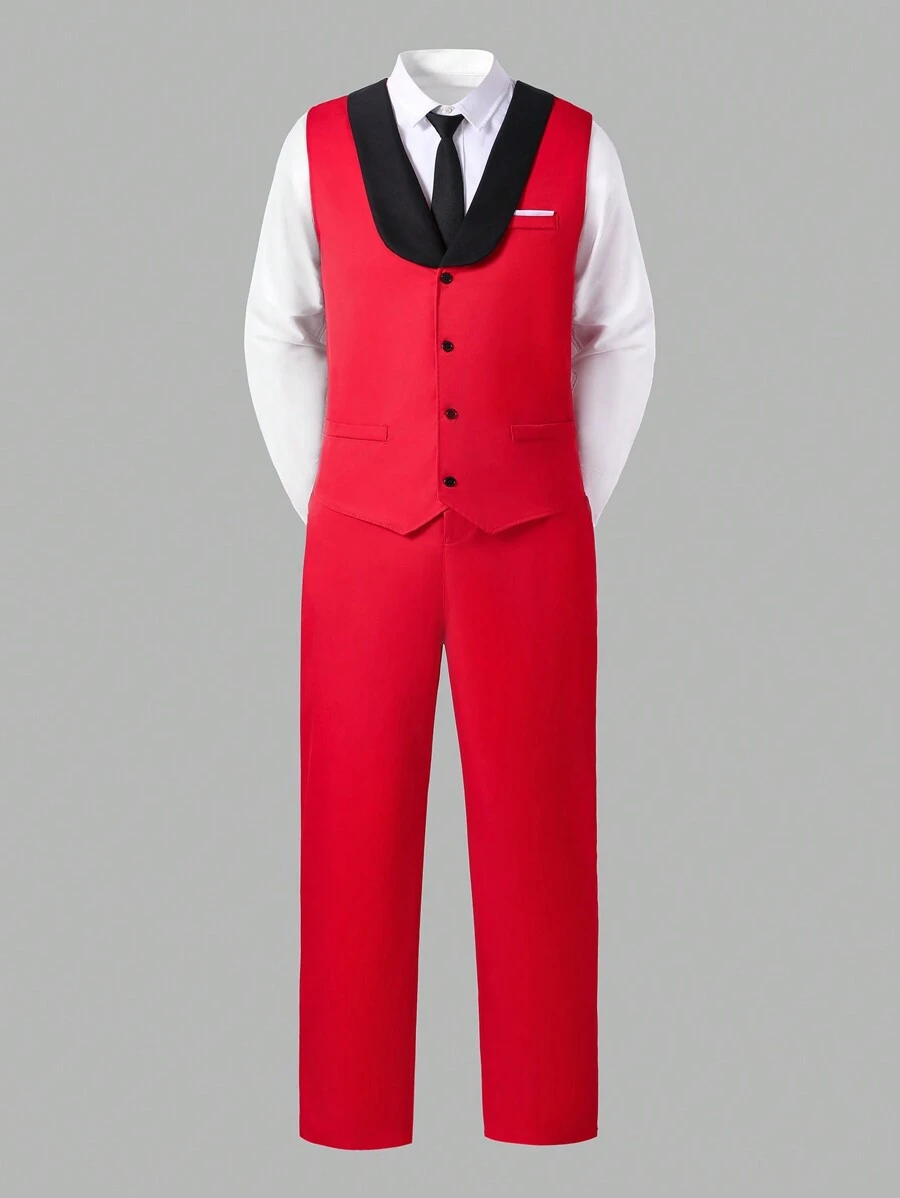 Bộ trang phục quý ông cho bé trai tuổi teen 2 món, áo vest ve áo nhiều màu + quần dài họa tiết, bộ đồ sang trọng thanh lịch trang trọng cho tiệc tùng, sinh nhật, giáng sinh, đám cưới, tốt nghiệp, lễ kỷ niệm - Đỏ - Xem 1