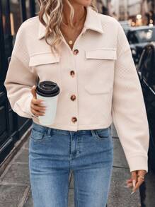 SHEIN LUNE French Style Short Corduroy Jacket With Flap Pockets, Drop Shoulder For Winter Airport Outfit Winter Clothes For Women Winter Coat Winter Jacket Women