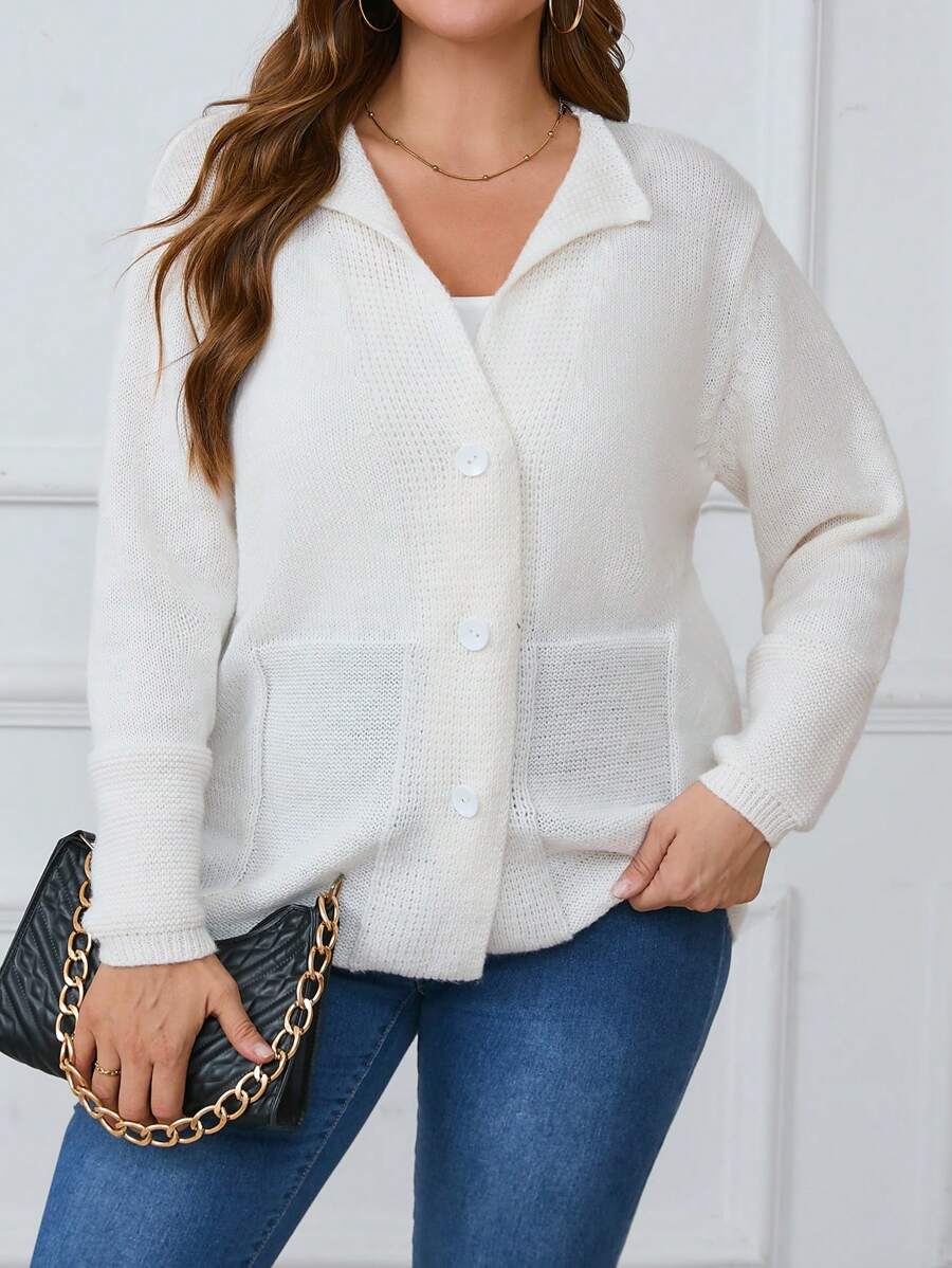 SHEIN LUNE Plus Size Women's Solid Color Drop Shoulder Long Sleeve Single Breasted Pocket Casual Cardigan, Autumn/Winter Fall Cloth For Women - White - View 1