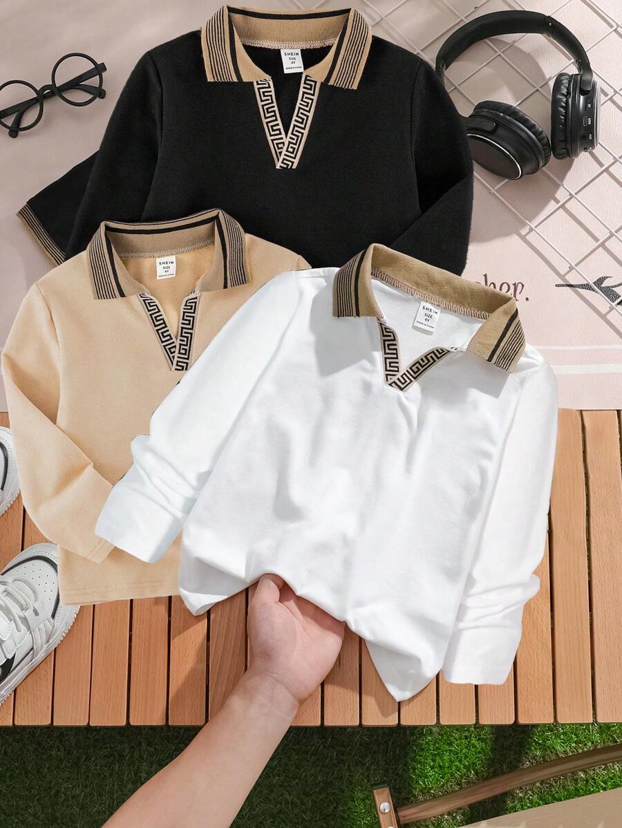 3 pièces/set Polo tricoté à manches longues et col côtelé, style décontracté pour garçon. Convient pour l'école, le jardin, la plage, les anniversaires, les saisons de printemps/été/automne/hiver - Multicolore - Voir 1