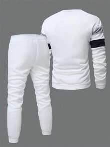 Manfinity Homme Men's Sophisticated Casual Classic Blue And White Striped Color-Block Round Neck Thermal Lined Pullover Sweatshirt And Pants Set ,Men Two Pieces Outfits ,Men Tracksuit, Fall Clothes Winter