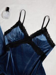 4 Pieces Set Includes Contrast Lace Velvet Camisole Top, Shorts, Pants And Robe, Fall Winter Pajama Clothes