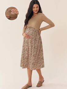 SHEIN 孕妇纯色花卉印花拼接哺乳长袖连衣裙，秋季