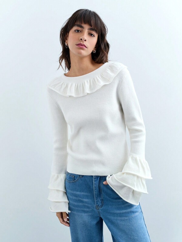 Maija Women's Elegant Ruffled Collar Wave Hem Multi-Layer Sleeve Soft & Comfy White Sweater, Suitable For Daily Wear, Party, Valentine's Day