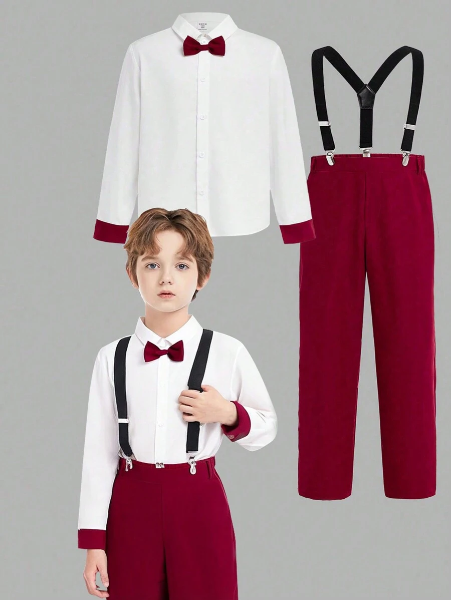 2pcs Young Boys Gentleman Refined Elegant White Collared Long Sleeve Shirt And Suspender Pants Suit Set, Fit For Weddings, Parties, Outings, Daily Gatherings, Autumn/Winter - Burgundy - View 1