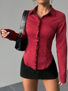 Flirla Casual Minimalist Ruched Striped Women Shirt