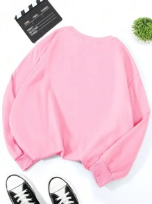 SHEIN EZwear Áo nỉ dài tay in chữ cổ tròn thường ngày đa năng cho nữ nhân dịp Giáng sinh - Hồng - Xem 2