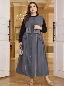 Modelyn 大码女式流苏拼接圆领长袖褶皱宽松中长连衣裙女装