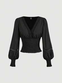 SHEIN MOD 复古浪漫蕾丝边白色女式长袖衬衫 - 黑色 - 查看 1