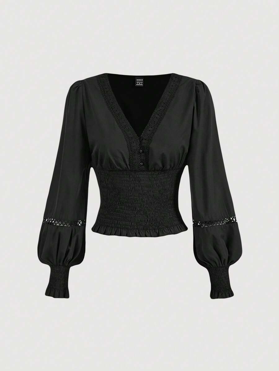 SHEIN MOD 复古浪漫蕾丝边白色女式长袖衬衫 - 黑色 - 查看 1