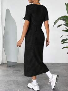 SHEIN EZwear Women's Solid Color Round Neck Short Sleeve Ribbed Casual Mini Dress