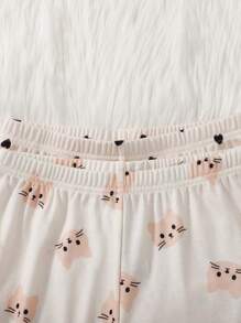 SHEIN 4 件套可爱猫咪 & 心形印花圆领长袖 & 裤子针织柔软触感睡衣套装适合少女