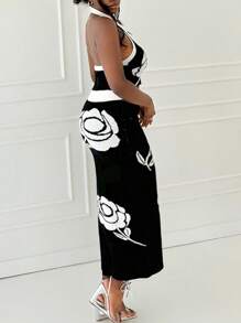 BamGleam Bộ áo len hai mảnh cho nữ, Áo vest hở vai họa tiết hoa đen trắng dệt kim giản dị cho nữ, Chân váy họa tiết hoa đen trắng dệt kim, Đầm ôm gợi cảm dự tiệc, Phong cách thu đông, Quần áo cho nữ mọi mùa - Đen và trắng - Xem 2