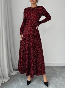 Chiquease Váy Maxi Họa Tiết Da Báo Thời Trang Thu Đông Cho Nữ Quần Áo Năm Mới - Đỏ - Xem 3