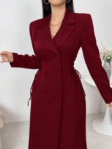 Modelyn Elegant Solid Color Double-Breasted Cross Tied Cinched Waist Long Coat For Autumn - Burgundy - View 4