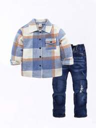SHEIN Young Boy Casual Simplified Street Style Plaid Decor Shirt Collar Brushed Thickened Front Pocket Plaid Jacket, Suitable For Various Occasions
