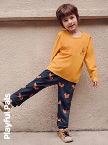 SHEIN 2 Pcs Young Boys Sets Fun Fox Print T-Shirt & Sweatpants Cute/Vintage/Casual/Home/Outdoor Winter/Fall Outfits
