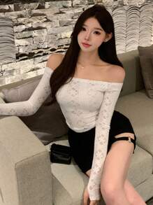 DAZY Women's Lace Off Shoulder Slim Fit Versatile T-Shirt, White, Spring/Summer