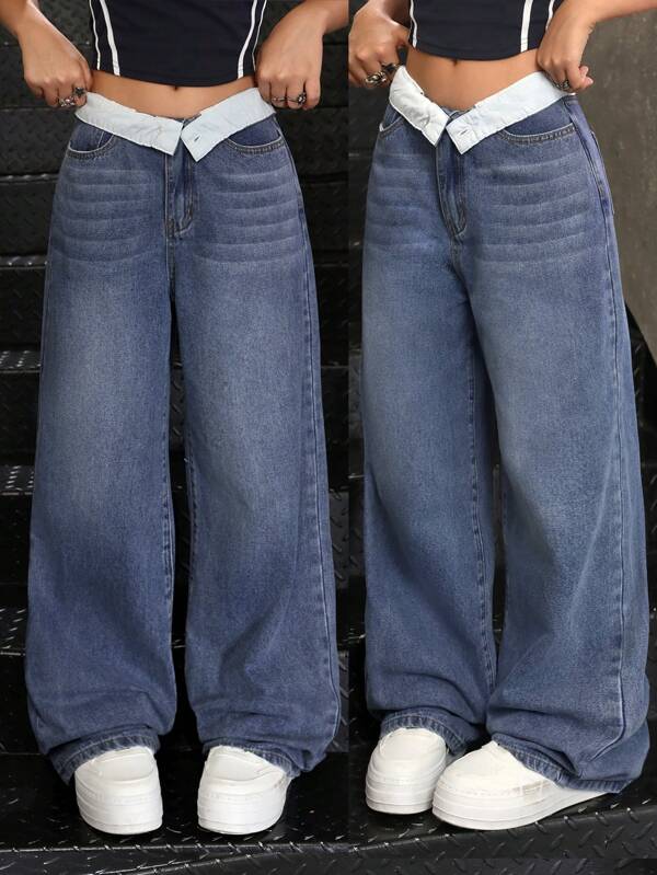 SHEIN Pantalones anchos de cintura alta de estilo callejero genial de patchwork de mezclilla azul de estilo Y2K para adolescentes, ropa de niña para otoño e invierno