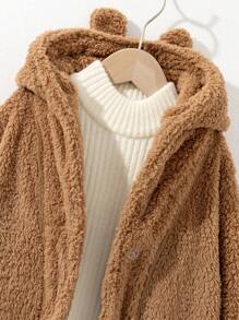 年轻女孩连帽开衫带3D耳朵毛茸茸保暖防风加保暖内衬秋冬新款咖啡棕色户外休闲姐妹搭配可爱上衣连帽长袖针织时尚冬装 - 棕色 - 查看 4