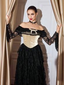 Vintamour Vintage Elegant Women Floral Jacquard Off Shoulder Long Sleeve Flared Cuff Lace Contrast Ruffle Bow Tie Party Festival Strapless Corset Blouse Winter Women Clothes Women Corsets Thanksgiving Women Outfit Winter Outfits Christmas Women Clothes Christmas Outfits Christmas Women Dress Christmas Party Dress Christmas Top Christmas Shirt Christmas Dress Christmas Clothes New Year Eve Dress Thanksgiving Dress Winter Tops Holiday Dress