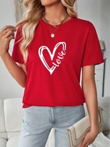 SHEIN Essnce Heart & Letter Combination Graphic Casual Loose Fit Crew Neck Short Sleeve Women T-Shirt - Red - View 6