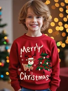 SHEIN Young Boys Christmas Element Graphic Loose Fit Comfortable Thick Knitted Long Sleeve Sweatshirt Clothes, Suitable For Summer,In Fall/Winter - Red - View 1