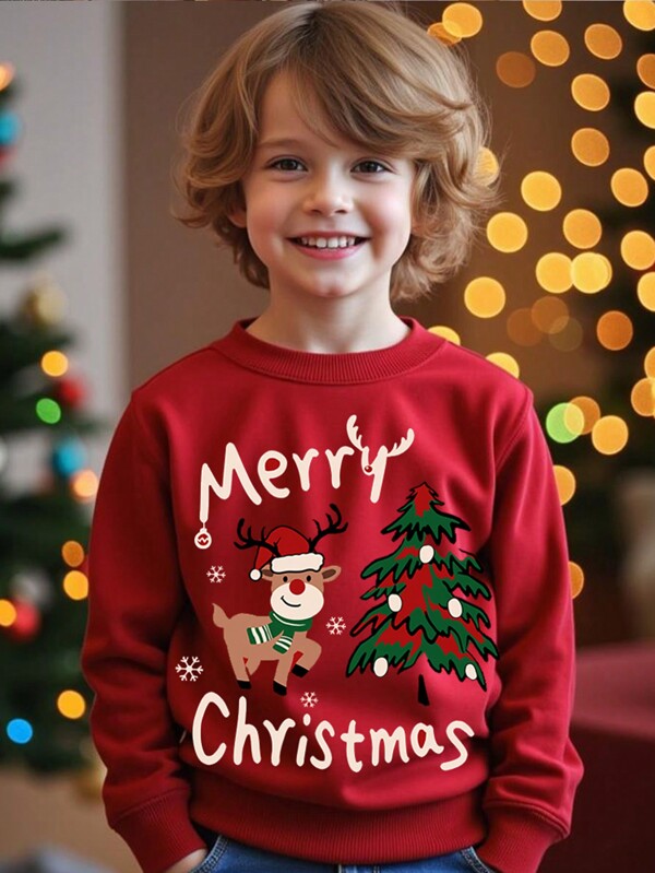 SHEIN Young Boys Christmas Element Graphic Loose Fit Comfortable Thick Knitted Long Sleeve Sweatshirt Clothes, Suitable For Summer,In Fall/Winter