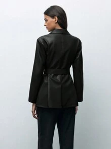 Maija Women's Early Spring Solid Color Lapel Collar Long Sleeve PU Leather Fashion Blazer