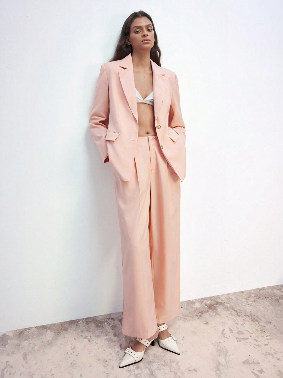 SHEIN Maija Women's Blush Pink Turn-Down Collar Button Down Long Sleeve Suit Jacket With Padded Shoulders Front Pocket,Summer Business Corporate Office Commute