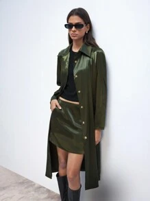 Maija 女士深绿色缎面斜纹时尚纽扣前口袋百搭长袖圣诞休闲节日夹克，常规版型 - 墨綠色 - 查看 1