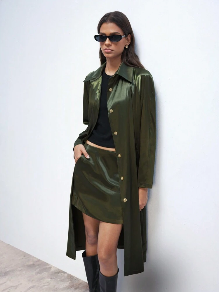 SHEIN Maija Women's Dark Green Satin Drill Fashion Button Front Pockets Versatile Long Sleeve Christmas Casual Holiday Jacket, Regular Fit