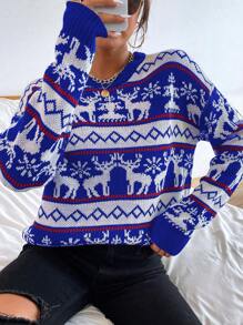 SHEIN LUNE Women's Round Neck Long Sleeve Cute Christmas Elk Pattern Detail Minimalist Sweater, Casual For Daily Wear Knit Pullover Fall Winter