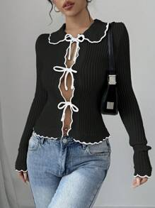 Elenzga Blusa casual de manga larga con botones frontales y ribete de color contrastante para mujer