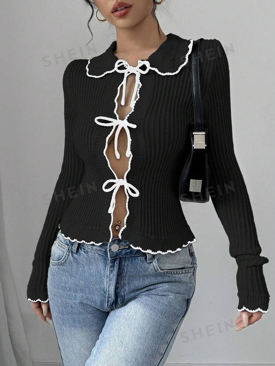 Elenzga Blusa casual de manga larga con botones frontales y ribete de color contrastante para mujer