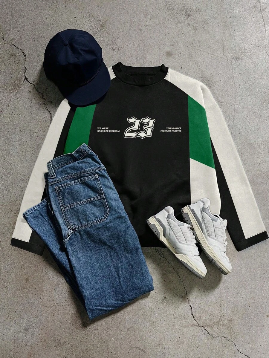 Manfinity EMRG Men's Casual Number Graphic Colorblock Round Neck Long Sleeve T-Shirt, Autumn - Black and White - View 1
