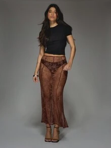 MISSGUIDED 透明蕾丝拼接鱼尾下摆长裙 - 咖啡棕 - 查看 4