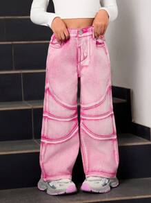 SHEIN Explorewe Young Girl New Fashionable Patchwork Design Faded Red Straight Leg Jeans - Hot Pink - View 7