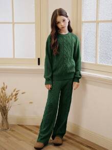 SHEIN Vintaside Kids Set de modă pentru fete 2 buc, pulover din tricot cu cablu slim-fit + pantaloni lungi cu draperie