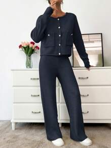 EURMUSE Women's Solid Color Long Sleeve Single Breasted Knit Sweater Cardigan And Knit Pants 2 Piece Casual Set, Autumn/Winter - Navy Blue - View 4