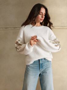 Anewsta Suéter de cuello redondo para mujer con decoración de lentejuelas y bordados, de alta gama, para otoño/invierno