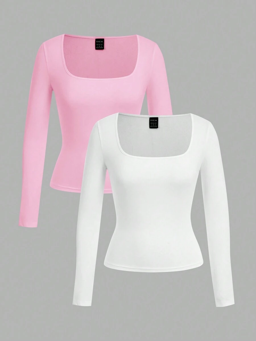 SHEIN EZwear 2 件女式方领紧身长袖休闲 T 恤套装，春/秋 - 彩色 - 查看 1