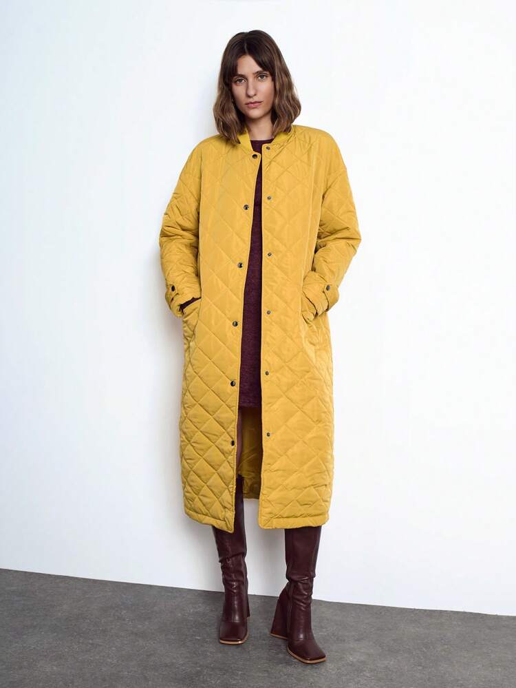 SHEIN Maija Women's Ginger Yellow Plain Button-Front Long Sleeve Pocket Casual Simple Fashionable Versatile Padded Coat, Early Spring