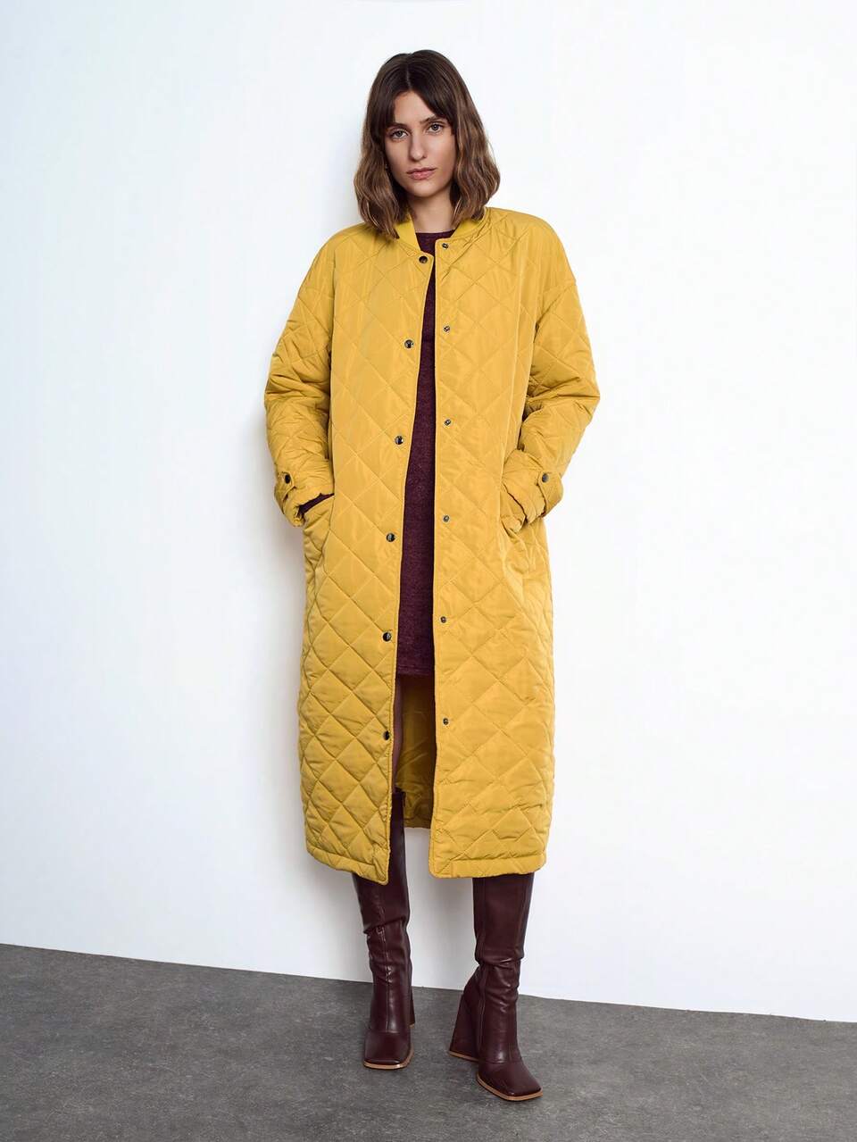 SHEIN Maija Women's Ginger Yellow Plain Button-Front Long Sleeve Pocket Casual Simple Fashionable Versatile Padded Coat, Early Spring