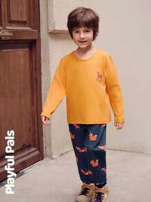 SHEIN 2 Pcs Young Boys Sets Fun Fox Print T-Shirt & Sweatpants Cute/Vintage/Casual/Home/Outdoor Winter/Fall Outfits