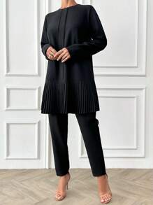 EURMUSE 女士两件套长裤和褶饰衬衫套装 - 黑色 - 查看 4