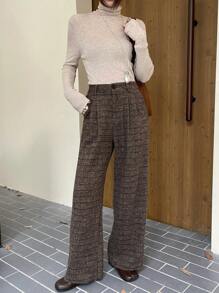 DAZY Pleated Wide Leg Floor Length Plaid Pants For Women,Fall Clothes